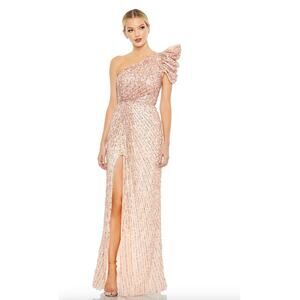 Mac Duggal Embellished Sequin Puff One Shoulder Gown 5622 Apricot Pink 2